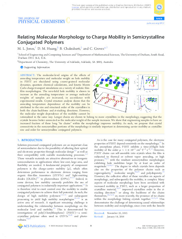 Relating Molecular Morphology to Charge Mobility in Semicrystalline Conjugated Polymers Thumbnail