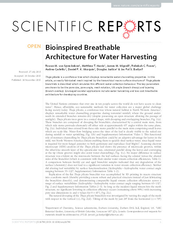 Bioinspired Breathable Architecture for Water Harvesting Thumbnail