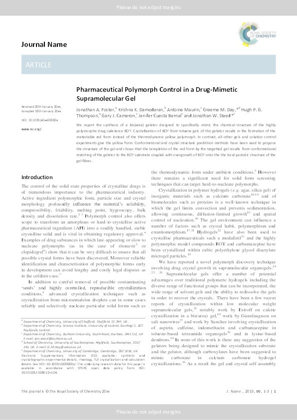 Pharmaceutical Polymorph Control in a Drug-Mimetic Supramolecular Gel Thumbnail
