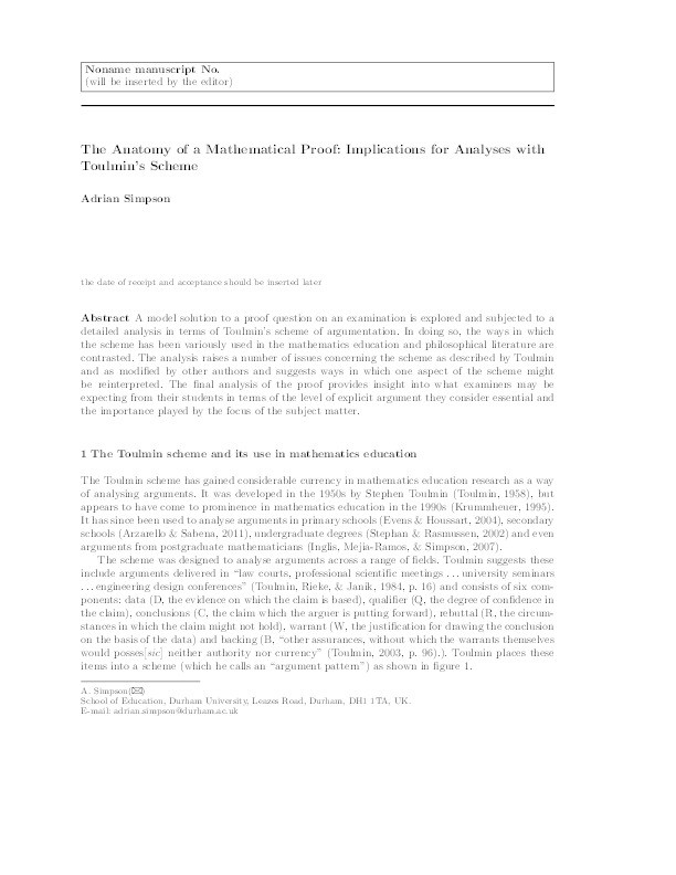 The Anatomy of a Mathematical Proof: Implications for Analyses with Toulmin's Scheme Thumbnail