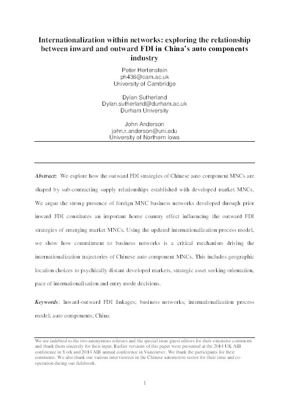 Internationalization within networks: Exploring the relationship between inward and outward FDI in China’s auto components industry Thumbnail