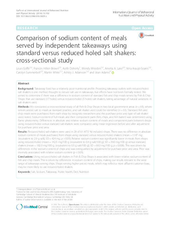 Comparison of sodium content of meals served by independent takeaways using standard versus reduced holed salt shakers: cross-sectional study Thumbnail