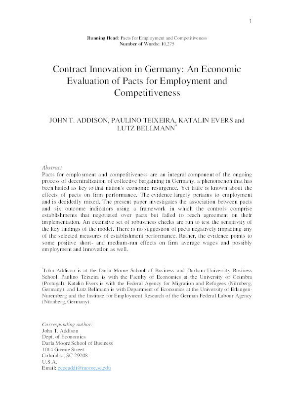 Contract Innovation in Germany: An Economic Evaluation of Pacts for Employment and Competitiveness Thumbnail