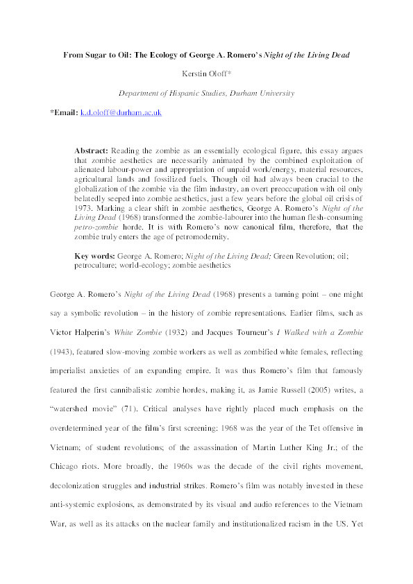 From Sugar to Oil: The Ecology of George A. Romero's Night of the Living Dead (1968) Thumbnail
