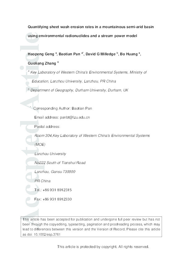 Quantifying sheet wash erosion rates in a mountainous semi-arid basin using environmental radionuclides and a stream power model Thumbnail