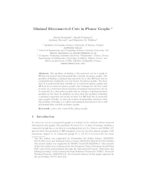 Minimal Disconnected Cuts in Planar Graphs Thumbnail