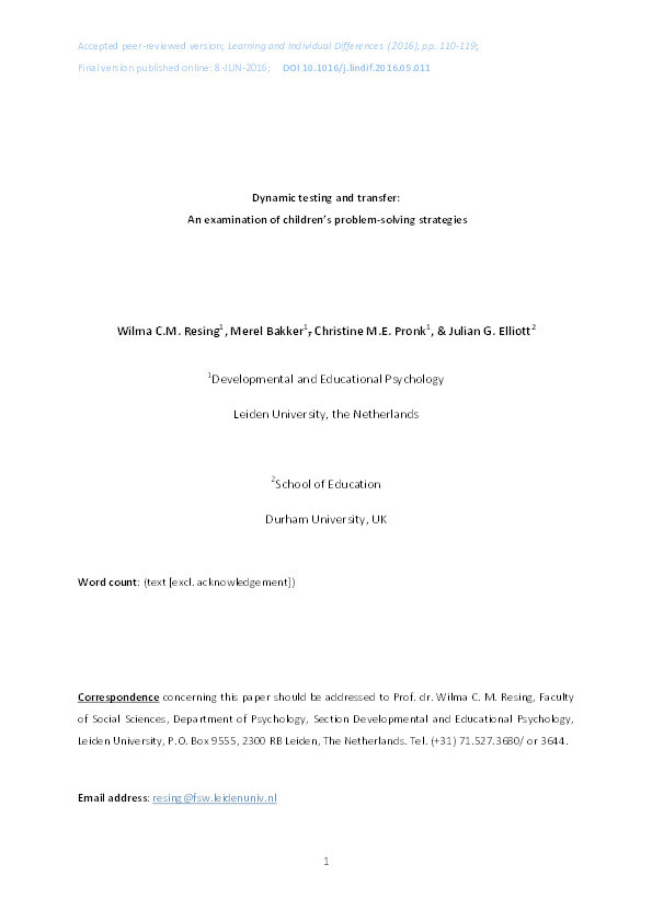 Dynamic testing and transfer: An examination of children's problem-solving strategies Thumbnail