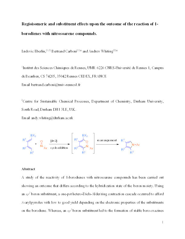 Regioisomeric and substituent effects upon the outcome of the reaction of 1-borodienes with nitrosoarene compounds Thumbnail