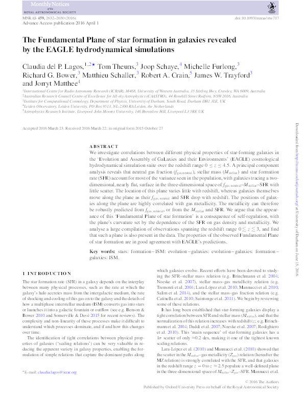 The Fundamental Plane of star formation in galaxies revealed by the EAGLE hydrodynamical simulations Thumbnail