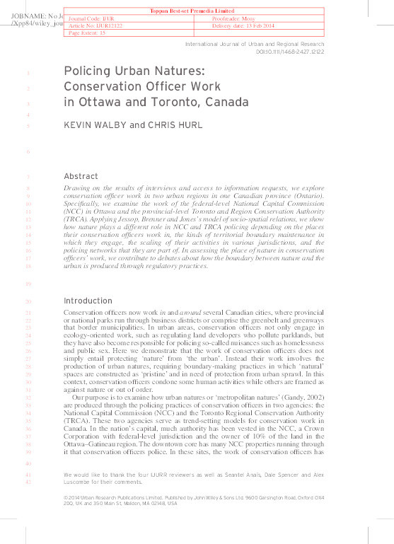 Policing Urban Natures: Conservation Officer Work in Ottawa and Toronto, Canada Thumbnail