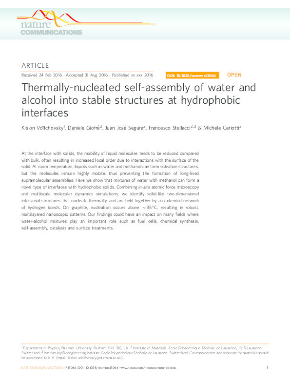 Thermally-nucleated self-assembly of water and alcohol into stable structures at hydrophobic interfaces Thumbnail