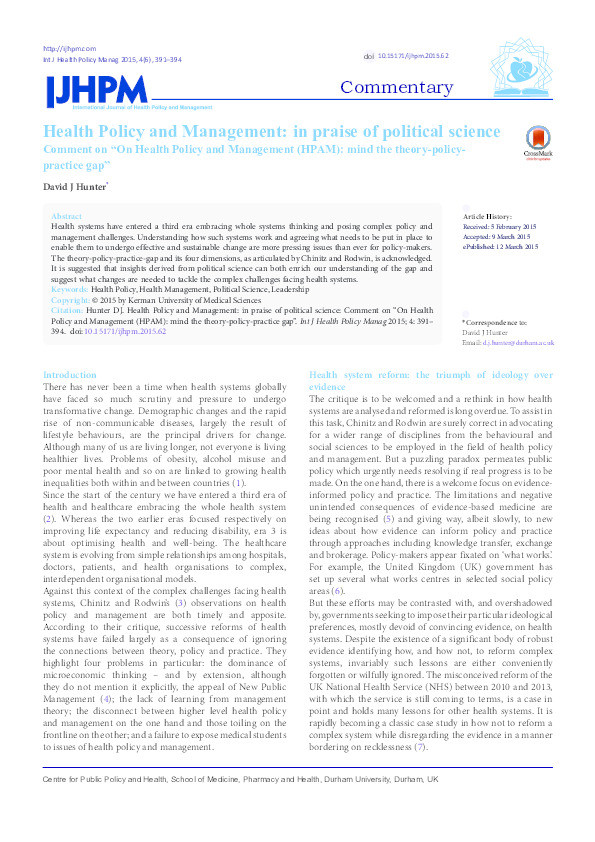 Health Policy and Management: in praise of political science Comment on “On Health Policy and Management (HPAM): mind the theory-policy-practice gap” Thumbnail