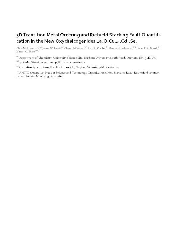 3D Transition Metal Ordering and Rietveld Stacking Fault Quantification in the New Oxychalcogenides La2O2Cu2–4xCd2xSe2 Thumbnail