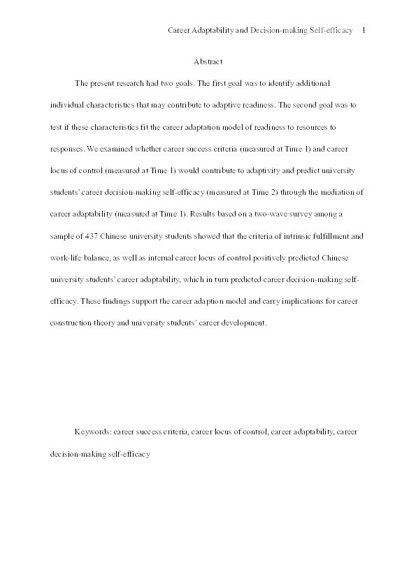 Career success criteria and locus of control as indicators of adaptive readiness in the career adaptation model Thumbnail