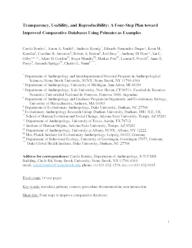 Transparency, Usability, and Reproducibility: Guiding Principles for Improving Comparative Databases Using Primates as Examples Thumbnail