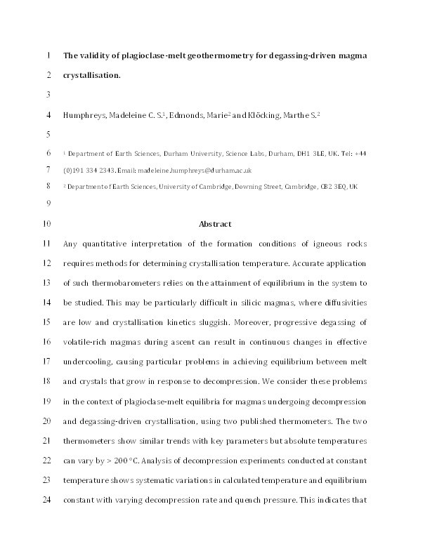 The validity of plagioclase-melt geothermometry for degassing-driven magma crystallization Thumbnail