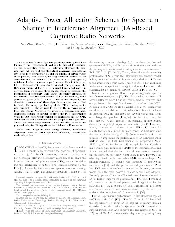 Adaptive Power Allocation Schemes for Spectrum Sharing in Interference Alignment (IA)-Based Cognitive Radio Networks Thumbnail