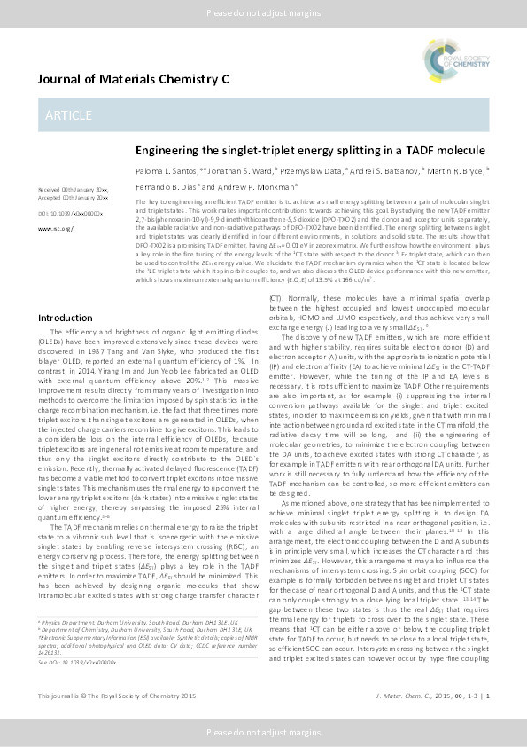 Engineering the singlet–triplet energy splitting in a TADF molecule Thumbnail