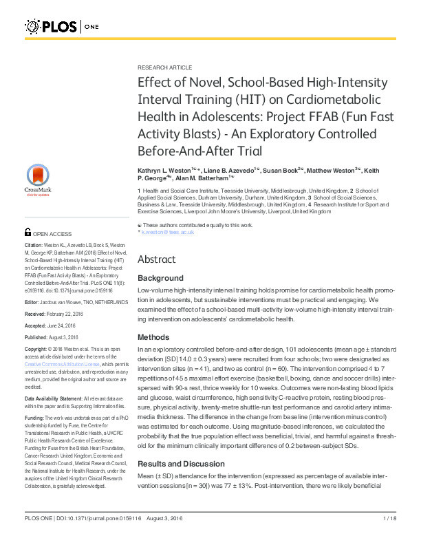 Effect of novel, school-based high-intensity interval training (HIT) on cardiometabolic health in adolescents: Project FFAB (Fun Fast Activity Blasts) - an exploratory controlled before-and-after-trial Thumbnail