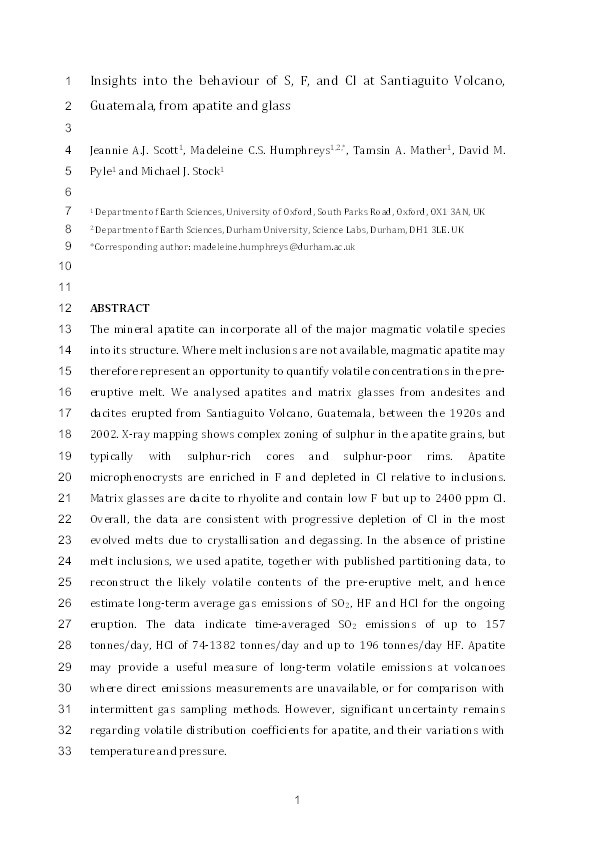 Insights into the behaviour of S, F, and Cl at Santiaguito Volcano, Guatemala, from apatite and glass Thumbnail