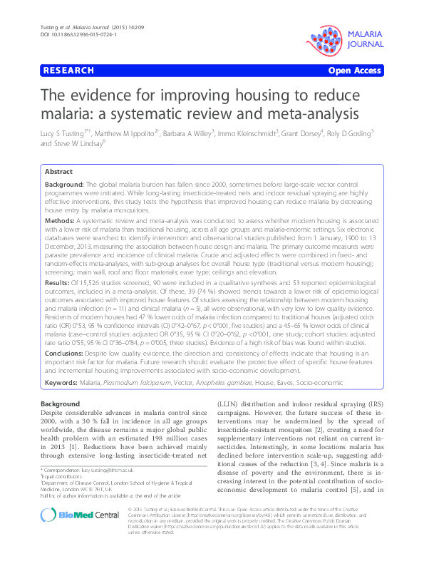 The evidence for improving housing to reduce malaria: a systematic review and meta-analysis Thumbnail