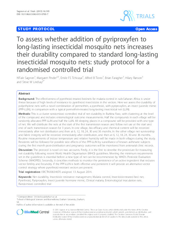 To assess whether addition of pyriproxyfen to long-lasting insecticidal mosquito nets increases their durability compared to standard long-lasting insecticidal mosquito nets: study protocol for a randomised controlled trial Thumbnail