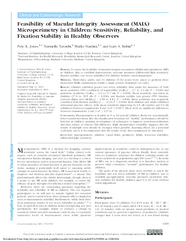 Feasibility of Macular Integrity Assessment (MAIA) microperimetry in children: Sensitivity, reliability, and fixation stability in healthy observers Thumbnail