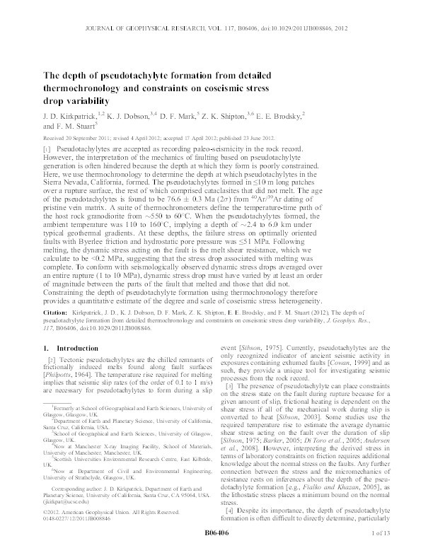 The depth of pseudotachylyte formation from detailed thermochronology and constraints on coseismic stress drop variability Thumbnail