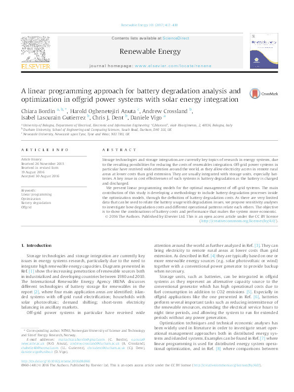 A Linear Programming Approach for Battery Degradation Analysis and Optimization in Offgrid Power Systems with Solar Energy Integration Thumbnail