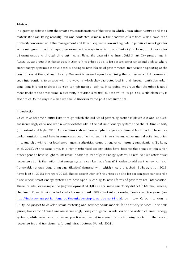 Making a Smart City for the Smart Grid? The urban material politics of actualising smart electricity networks Thumbnail