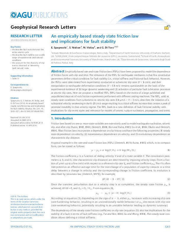 An empirically based steady state friction law and implications for fault stability Thumbnail