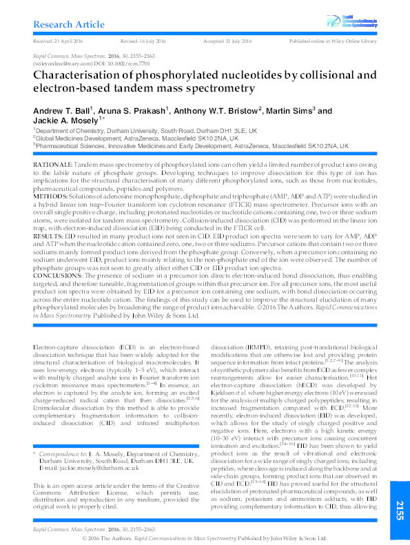 Characterisation of phosphorylated nucleotides by collisional and electron-based tandem mass spectrometry Thumbnail