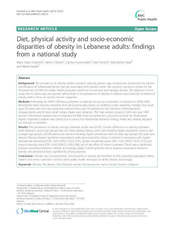 Diet, physical activity and socio-economic disparities of obesity in Lebanese adults: findings from a national study Thumbnail