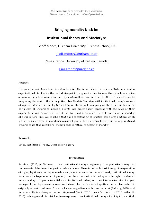 Bringing morality back in: institutional theory and MacIntyre Thumbnail
