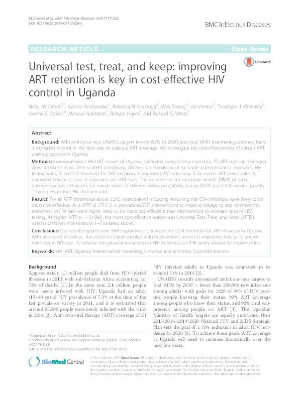 Universal test, treat, and keep: improving ART retention is key in cost-effective HIV control in Uganda Thumbnail