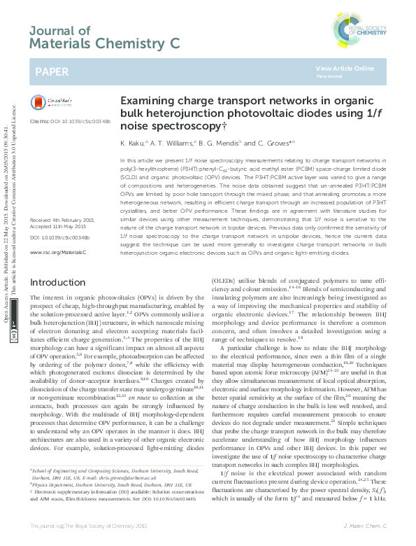 Examining Charge Transport Networks in Organic Bulk Heterojunction Photovoltaic Diodes using 1/f Noise Spectroscopy Thumbnail