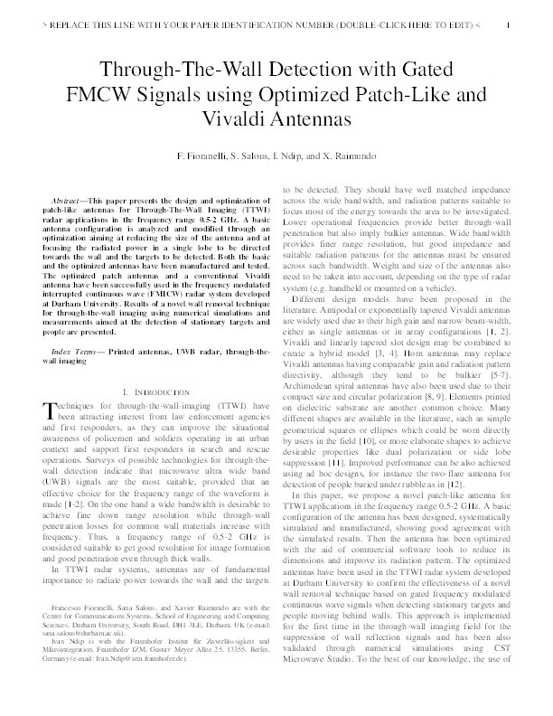 Through-The-Wall Detection With Gated FMCW Signals Using Optimized Patch-Like and Vivaldi Antennas Thumbnail