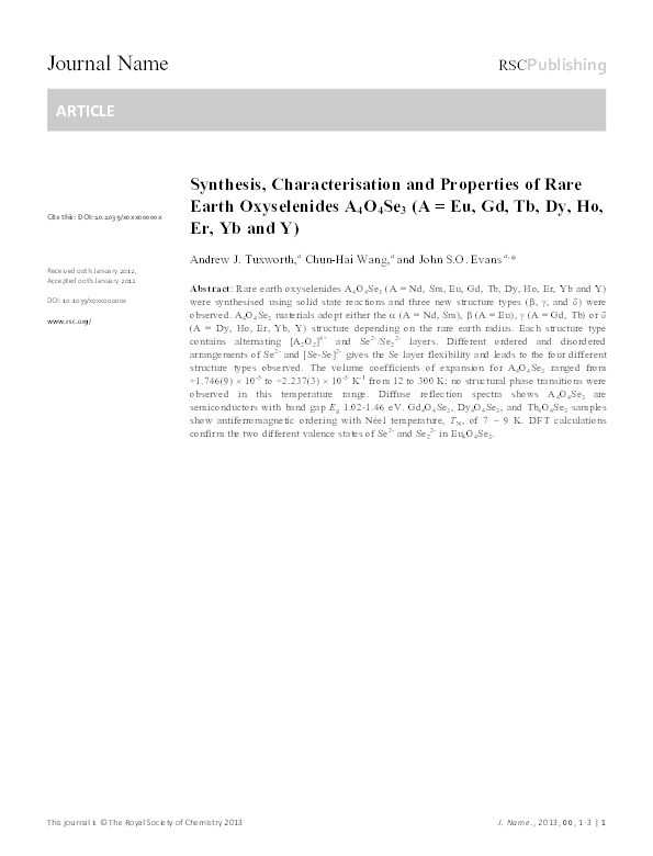 Synthesis, characterisation and properties of rare earth oxyselenides A4O4Se3 (A = Eu, Gd, Tb, Dy, Ho, Er, Yb and Y) Thumbnail