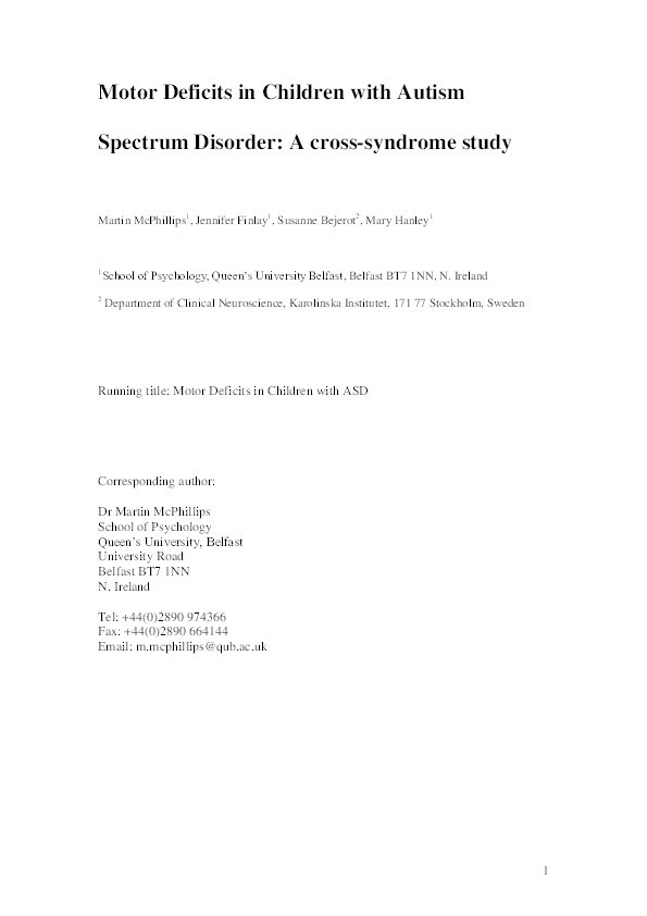 Motor deficits in children with autism spectrum disorder: a cross-syndrome study Thumbnail
