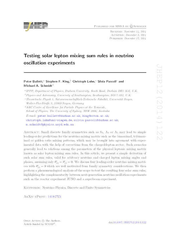 Testing solar lepton mixing sum rules in neutrino oscillation experiments Thumbnail