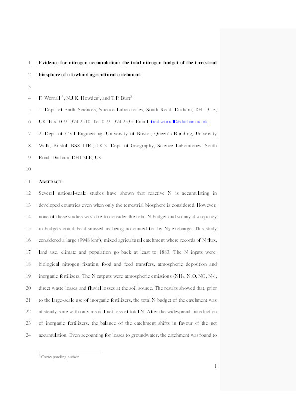 Evidence for nitrogen accumulation: the total nitrogen budget of the terrestrial biosphere of a lowland agricultural catchment Thumbnail