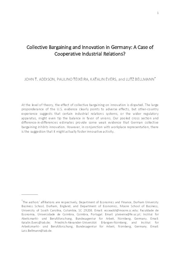 Collective Bargaining and Innovation in Germany: A Case of Cooperative Industrial Relations? Thumbnail