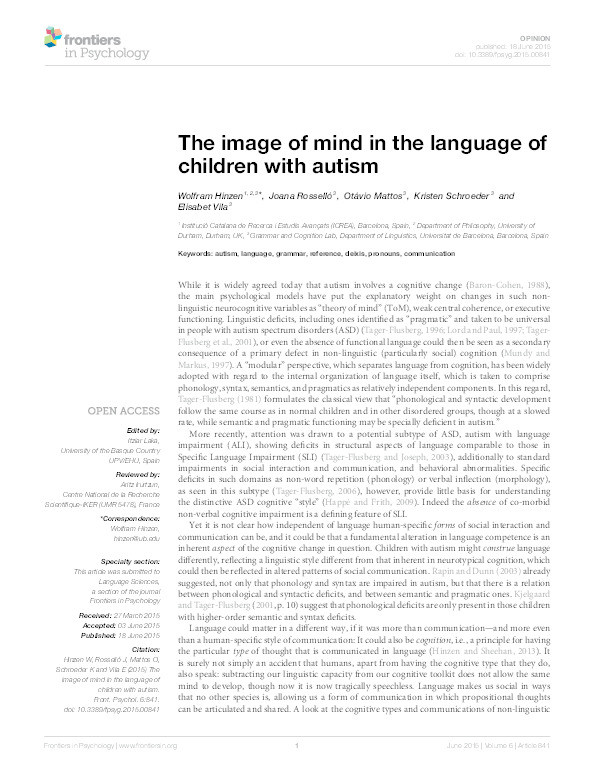 The image of mind in the language of children with autism Thumbnail