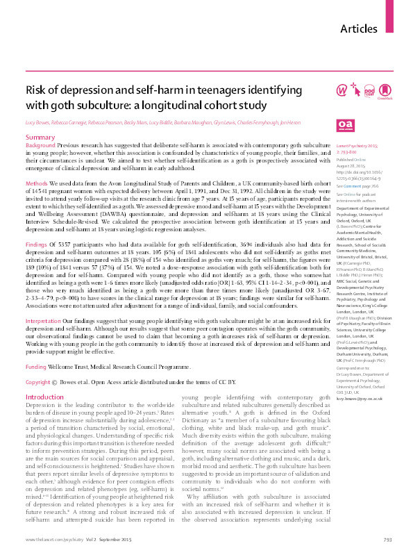 Risk of depression and self-harm in teenagers identifying with goth subculture: a longitudinal cohort study Thumbnail