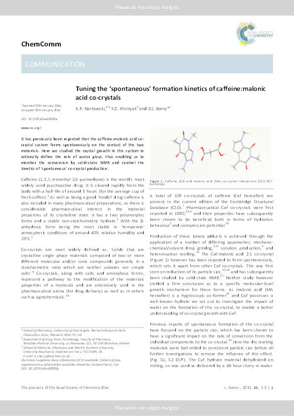 Tuning the spontaneous formation kinetics of caffeine : malonic acid co-crystals Thumbnail