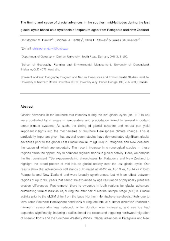 The timing and cause of glacial advances in the southern mid-latitudes during the last glacial cycle based on a synthesis of exposure ages from Patagonia and New Zealand Thumbnail