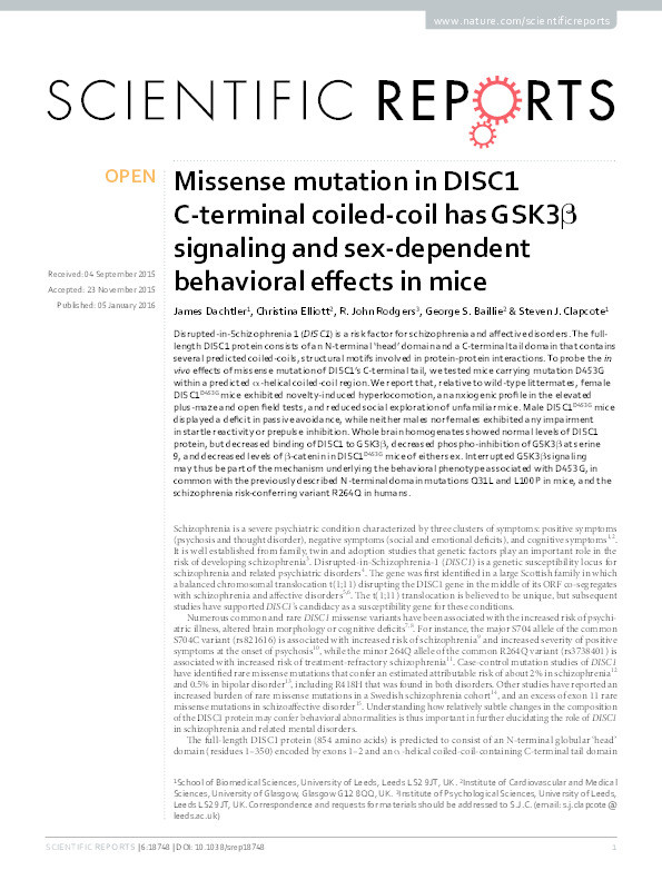 Missense mutation in DISC1 C-terminal coiled-coil has GSK3β signaling and sex-dependent behavioral effects in mice Thumbnail