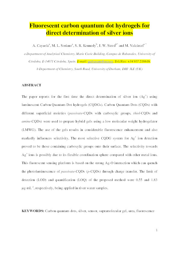 Fluorescent carbon quantum dot hydrogels for direct determination of silver ions Thumbnail