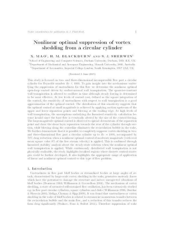 Nonlinear optimal suppression of vortex shedding from a circular cylinder Thumbnail