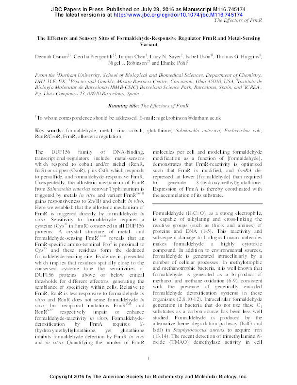 The Effectors and Sensory Sites of Formaldehyde-Responsive Regulator FrmR and Metal-Sensing Variant Thumbnail